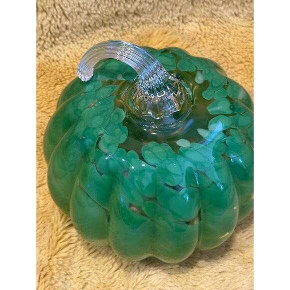 Hand Blown light green Swirl Art Glass Stemmed Pumpkin Fall decor thanksgiving - Picture 6 of 8